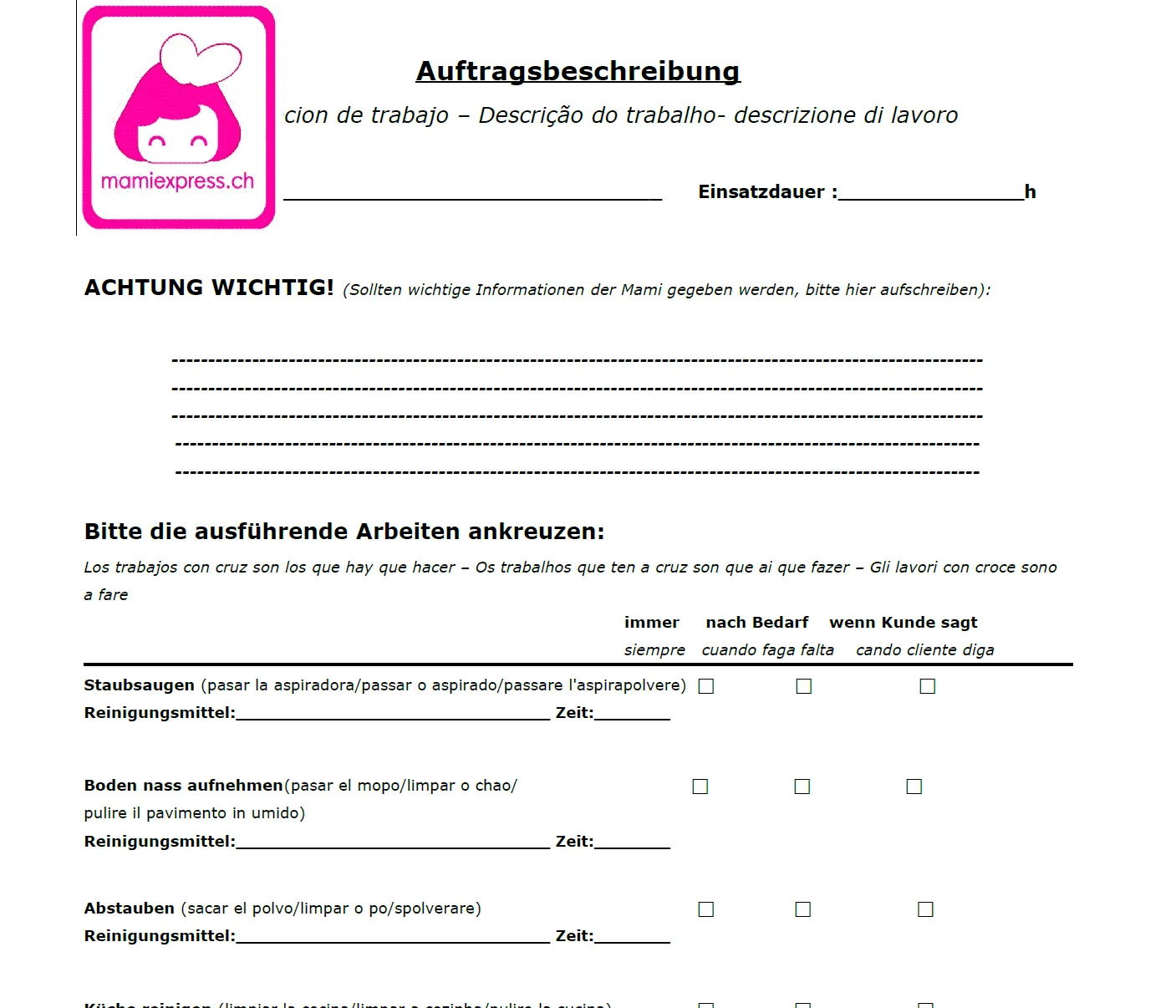 Der Putzplan / das Pflichtenheft – ein hilfreiches Mittel für Kunde und Mami